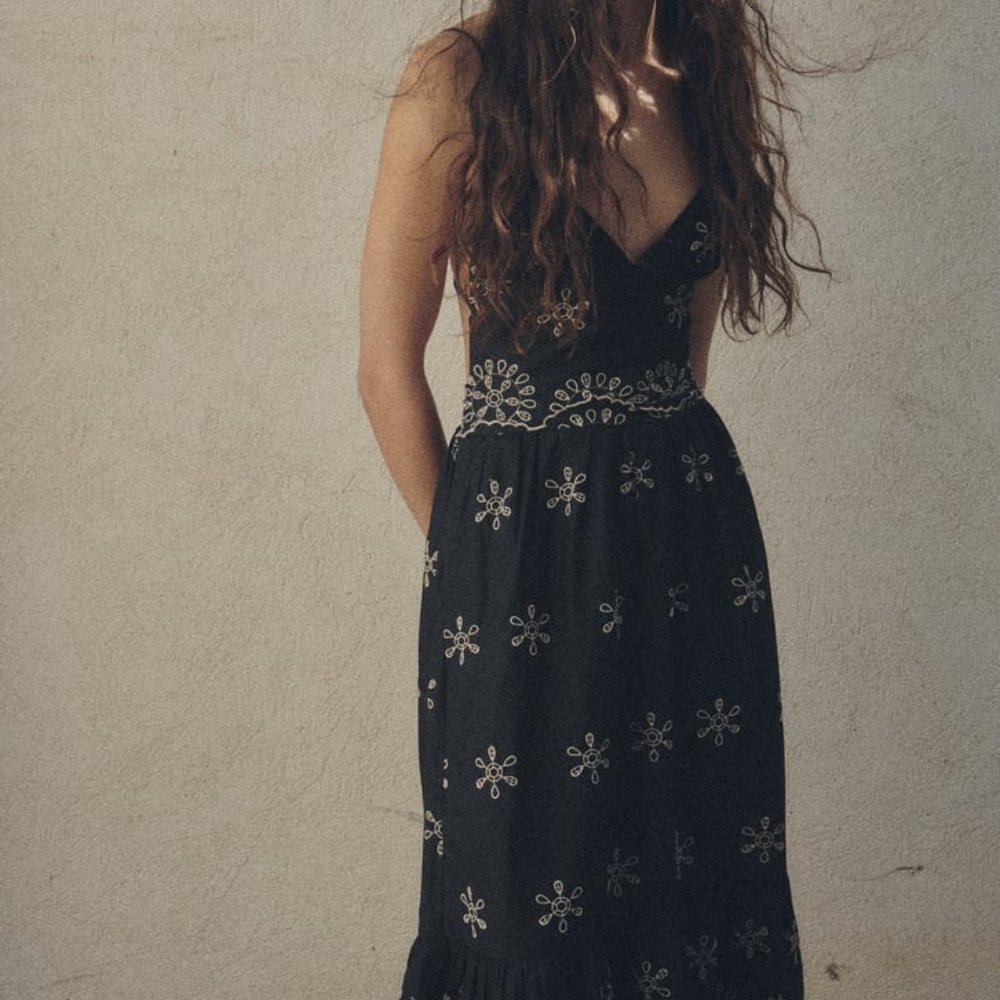 ZARA DRESS WITH CONTRAST EMBROIDERY BLACK SIZE XS 7200/337